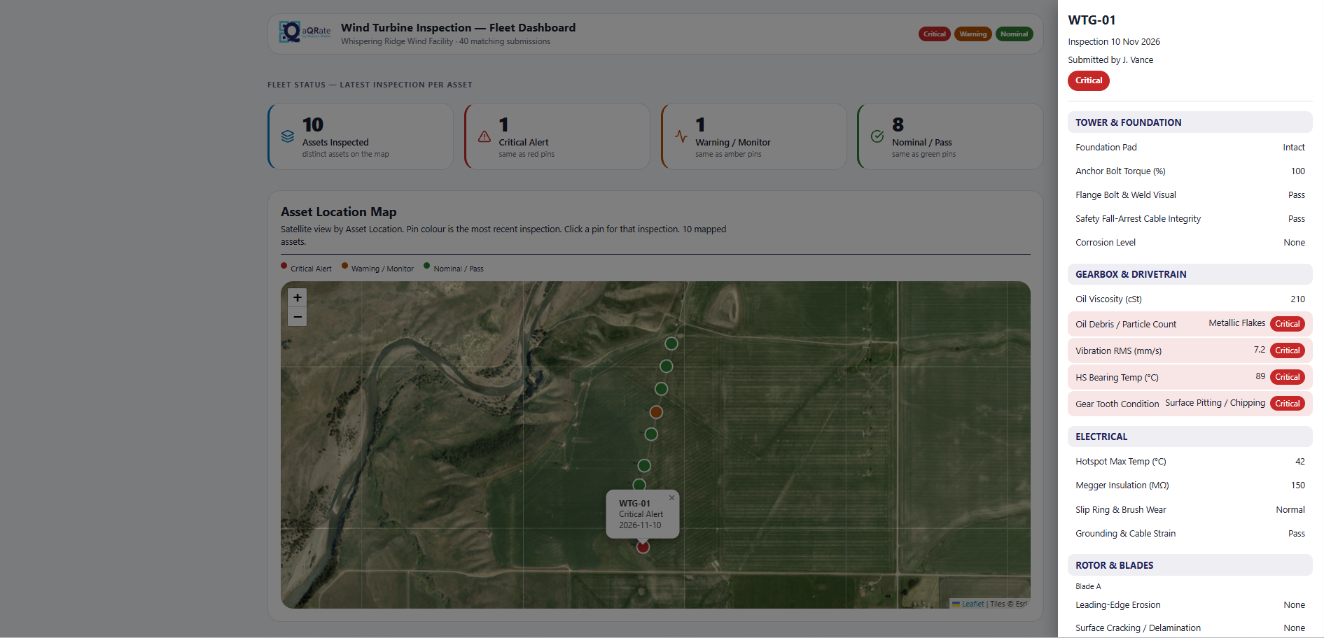 Fleet GIS Map view showing wind turbine locations with asset and inspection information